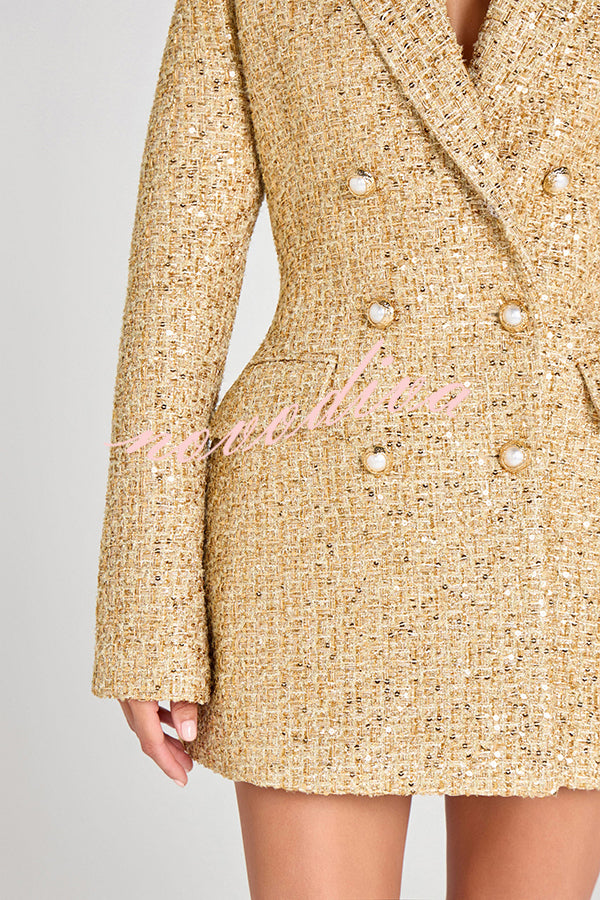 Heels Click Tweed Fabric Pearl Button Long Sleeve Lapel Blazer Mini Dress