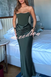 Attend The Gala Strapless Corset Satin Ruched Hip Drape Maxi Dress