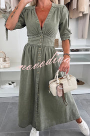 Solid Color V-neck Button-down Denim Midi Dress