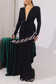 Solid Color Shiny Sexy V-neck Long Sleeve Ribbon Slit Slim Fit Maxi Dress