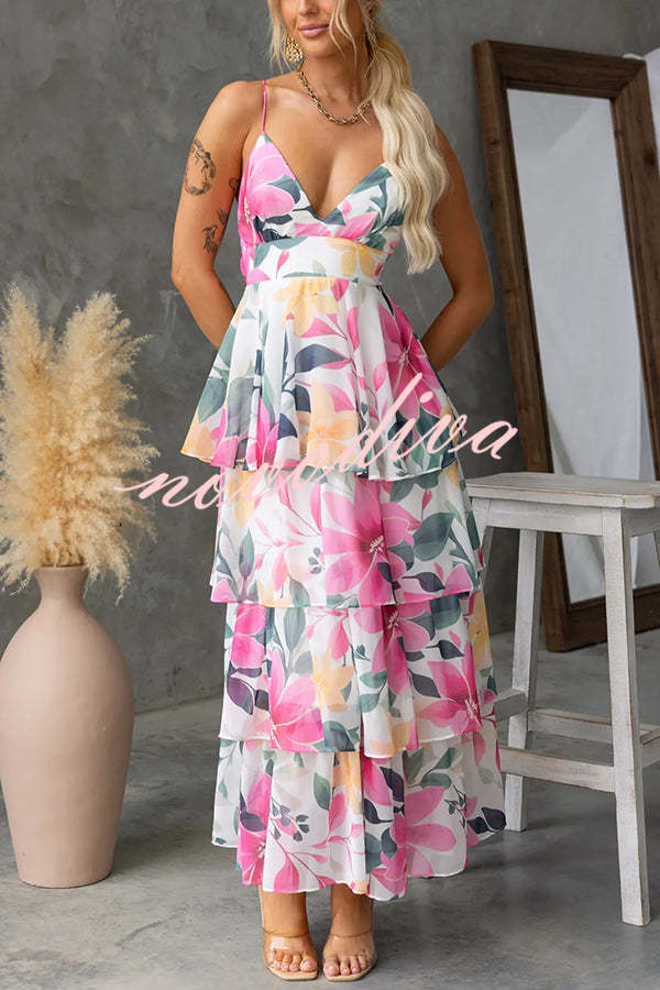 Dreamy Destiny Floral Print Elastic Back Tiered Maxi Dress