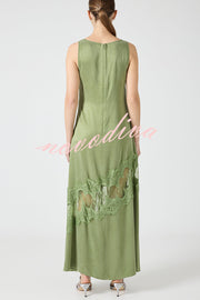 Pretty Soul Satin Lace Trim Wide Neck Irregular Hem Slit Maxi Dress