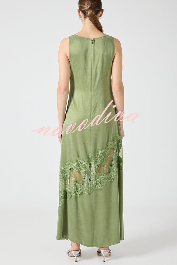 Pretty Soul Satin Lace Trim Wide Neck Irregular Hem Slit Maxi Dress