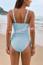 Solid Color Drawstring Waist Mesh One-Piece Bikini Swimsuit