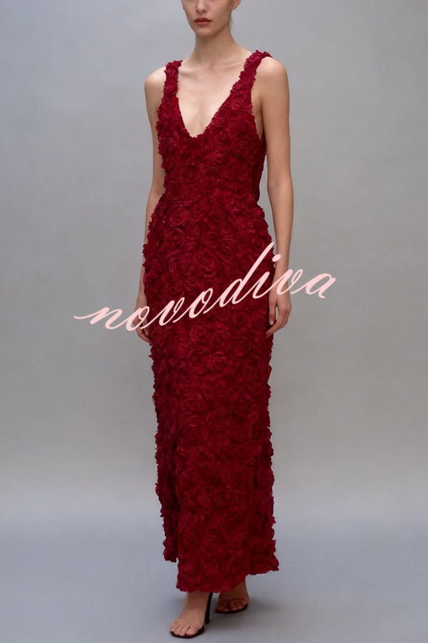 Three-dimensional Flower Sexy V-neck Slim Maxi Dress