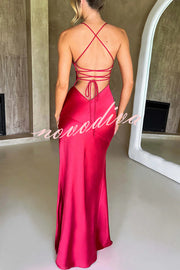 Satin Solid Color Sexy Backless Lace Up High Slit Maxi Dress