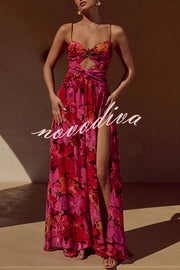 Resort Style Printed Starfish Brooch Cutout Ruched Slit Maxi Dress