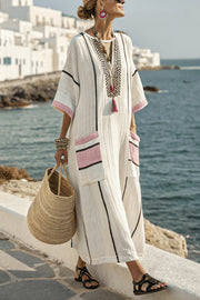 Striped Print V-Neck Casual Loose Pocket Maxi Dress