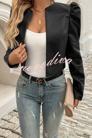 Yelissa Faux Leather Statement Long Sleeve Open Front Crop Jacket