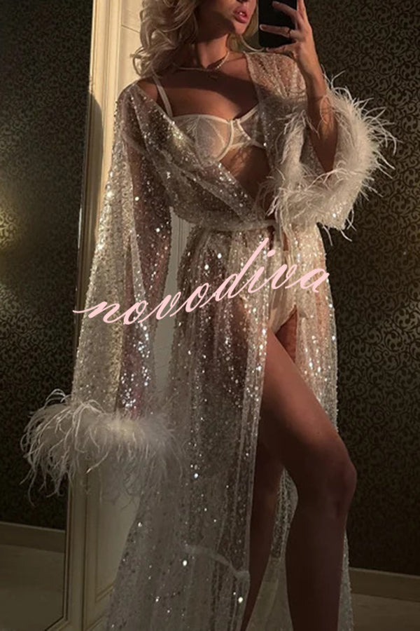 Fashionable Sequined Feather Long-sleeved Vacation Loose Extra-long Sun Protection Cover-up
