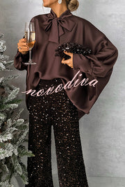 Chic and Merry Satin Bow Neck Batwing Sleeve Loose-fitting Blouse