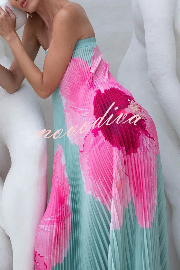 All about Her Pleated Floral Print Off Shoulder A-line Maxi Dress