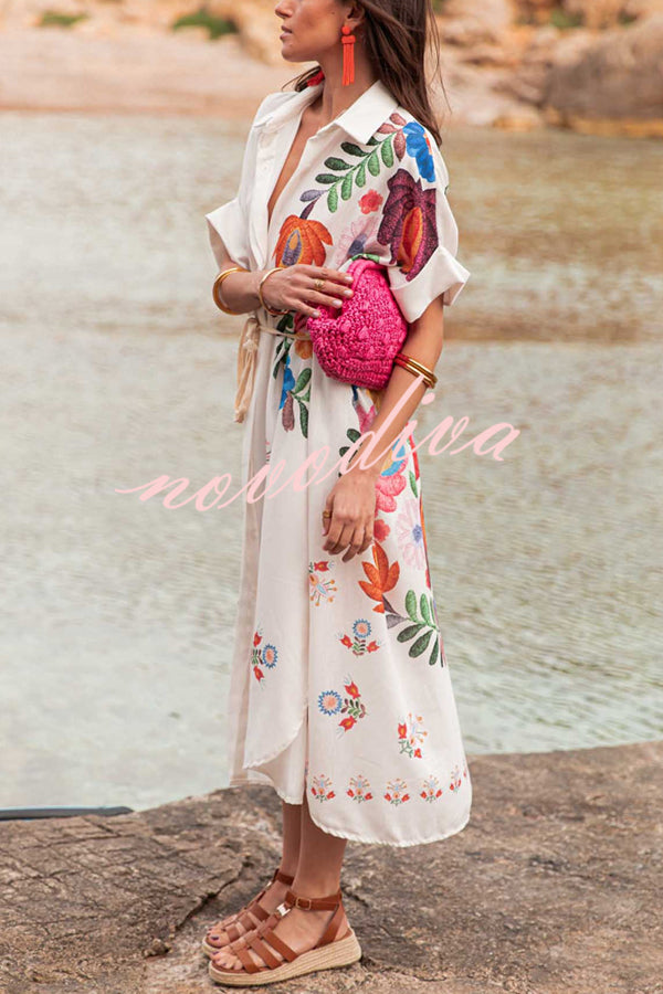 Plant Print Lapel Short Sleeve Waist Tie Loose Vacation Midi Dress