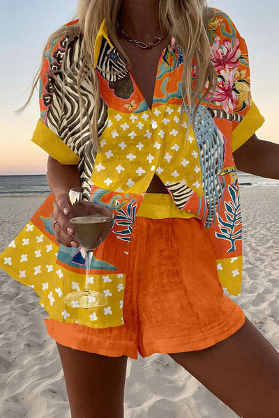 Zebra Print Loose Button Elastic Waist Shorts Set