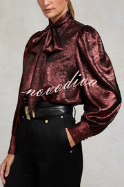 Ariella Metallic Satin Fabric Tie-up Bow Neck Long Sleeve Blouse