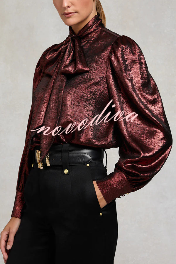 Ariella Metallic Satin Fabric Tie-up Bow Neck Long Sleeve Blouse