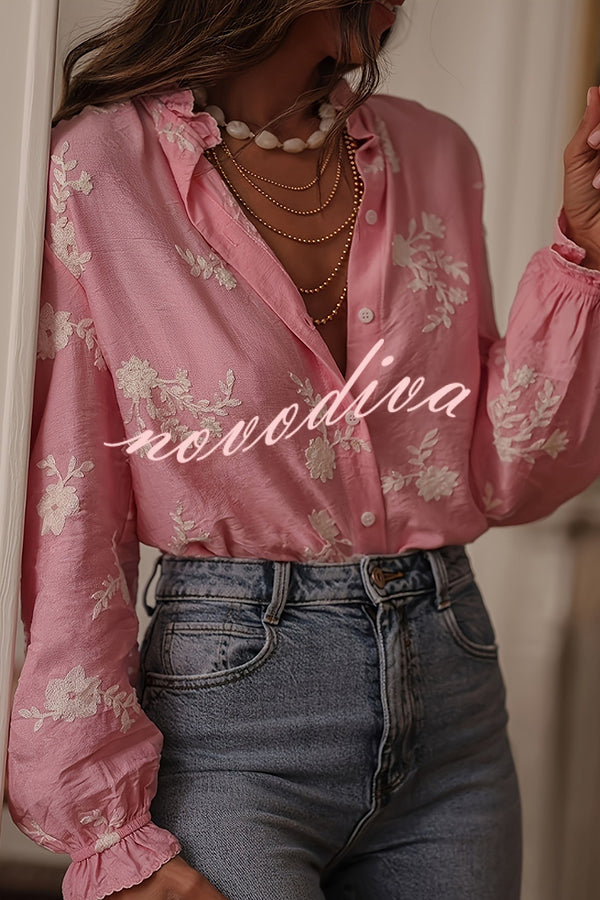 Floral Embroidery Long-Sleeved Button-Up Elegant Shirt