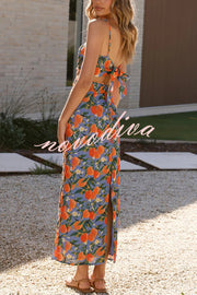 Linen Blend Summer Fruit Print Camisole Top and Elegant Lace Back Slit Maxi Skirt Set