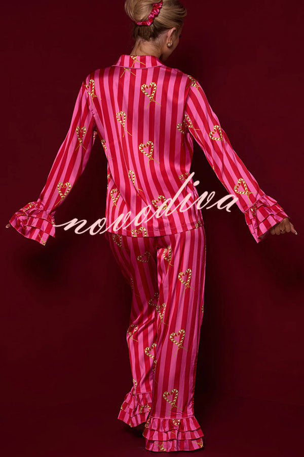 Festive Season Long Candy Stripe Tiered Bell Cuffs Elastic Waist Pocketed Pajama Set