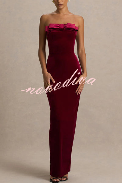 Illusion Velvet Bandeau neck Bow detail Stretch Maxi Dress
