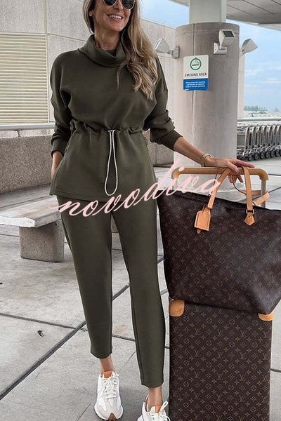 Airport Chic High Neck Drawstring Waist Sweatshirt and Elastic Waist Pocketed Jogger Set