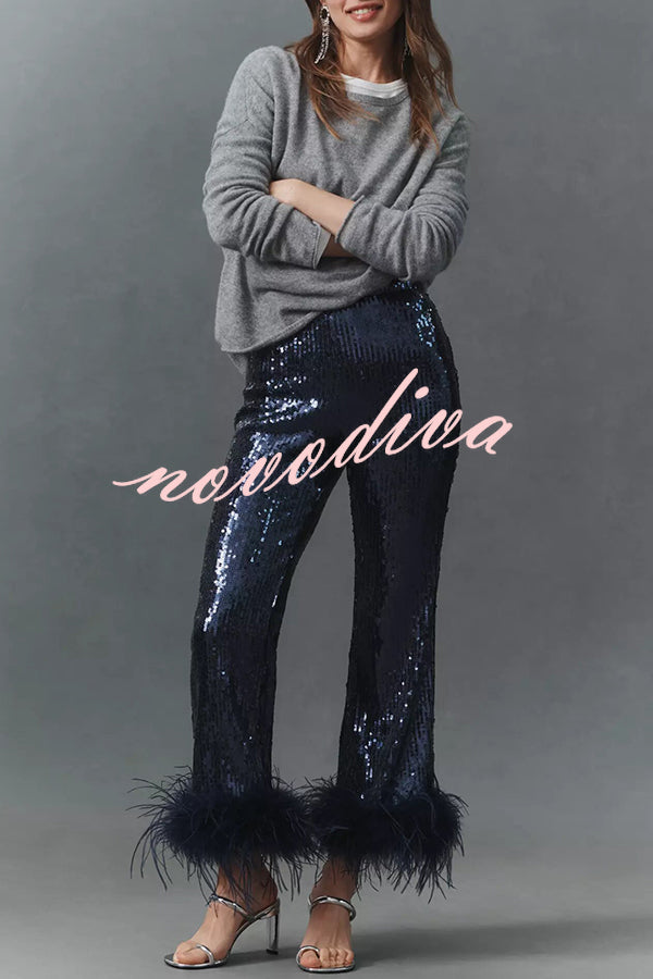 New Year Eve Sequin Feather Trim High Rise Back Zipper Flare Pants