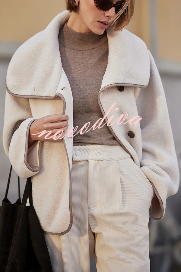 Romane Faux Fleece Fabric Contrast Trim Long Sleeve Knitted Pocket Lapel Loose Jacket