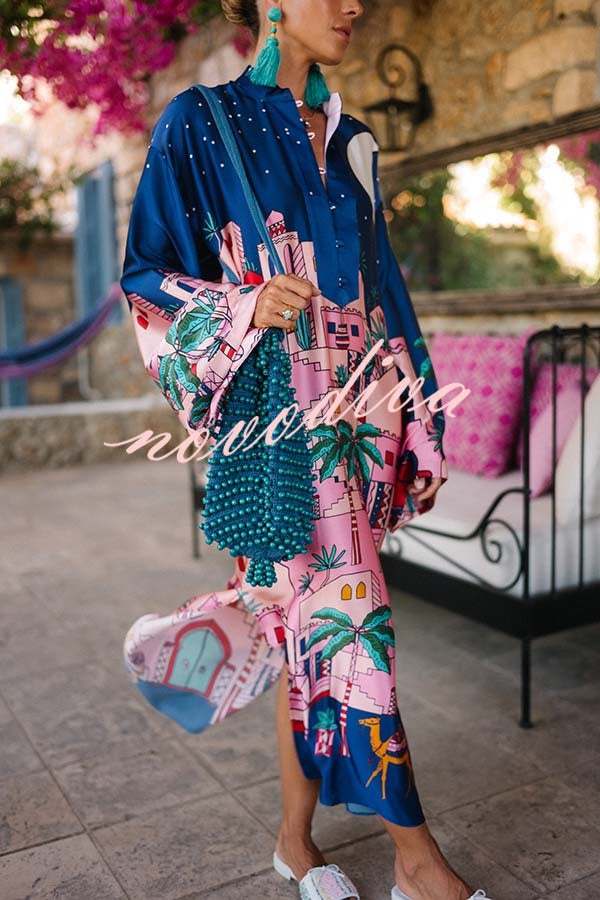 Seaside Stroll Satin Unique Print Button Up Long Sleeve Slit Kaftan Midi Dress
