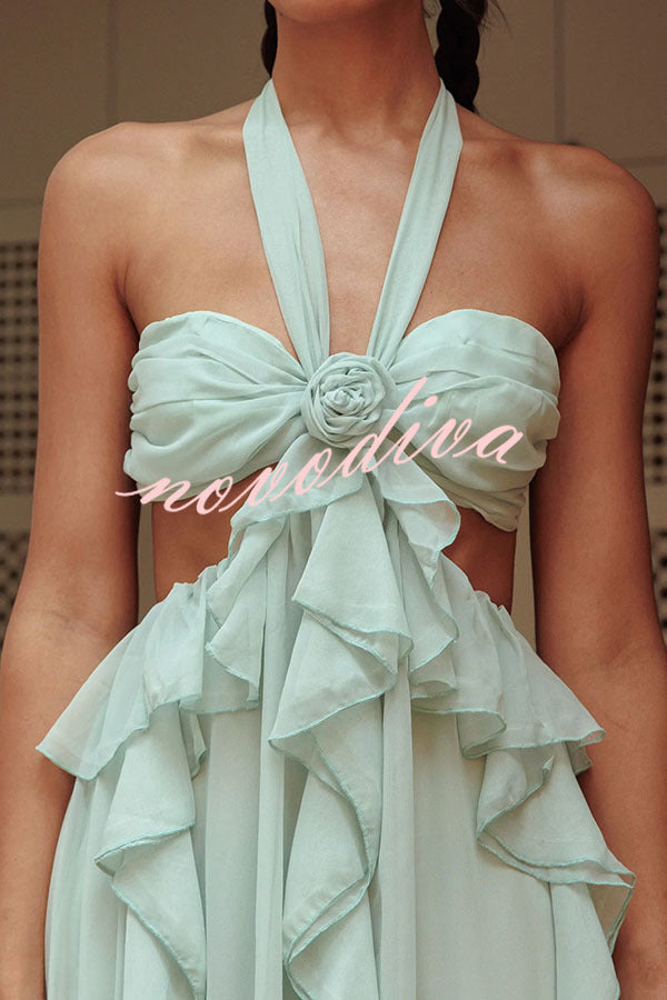 Gorgeous Vacation Halter Rose Detail Cut Out Ruffles Backless Maxi Dress