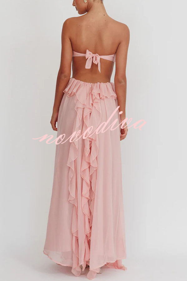 Gorgeous Vacation Halter Rose Detail Cut Out Ruffles Backless Maxi Dress