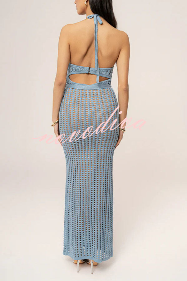 Ocean Dream Crochet Knit Golden Decoration Halter Stretch Maxi Dress