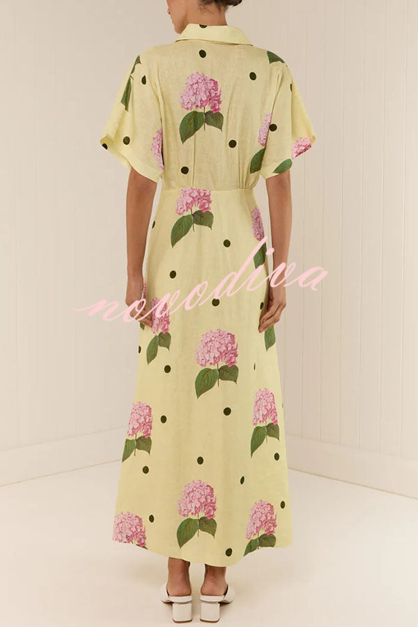 Jasmine Linen Blend Floral Polka Dot Wide Sleeve Shirt Maxi Dress