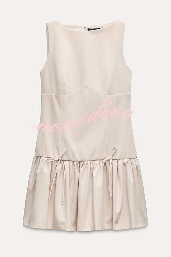 Solid Bow Round Neck Sleeveless Mini Dress