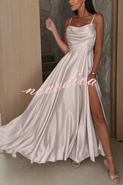 Solid Color Suspender Back Pleated Elegant Slit Full Hem Maxi Dress