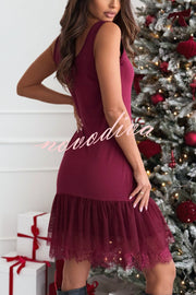 Breezy City Tulle Lace Tiered Hem Stretch Tank Mini Dress