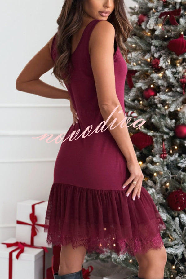 Breezy City Tulle Lace Tiered Hem Stretch Tank Mini Dress