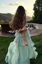 Gorgeous Vacation Halter Rose Detail Cut Out Ruffles Backless Maxi Dress