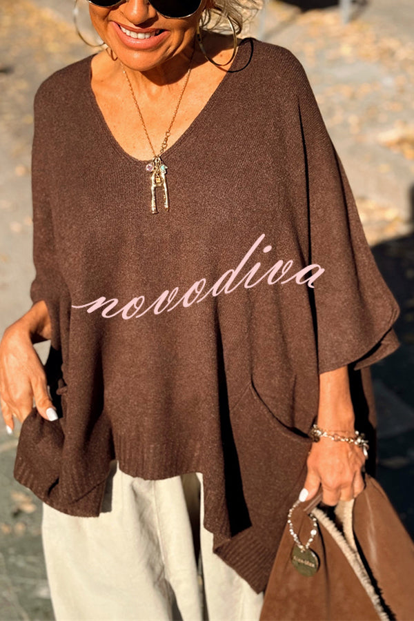 Fashion V-neck Loose Pocket Mid-length Knitted Sweater