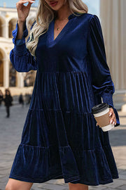 Solid Color Velvet V-Neck Long Sleeve Elegant Loose Mini Dress