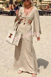 Beach Style Linen Blend Cutout Detail Bell Sleeve Maxi Dress