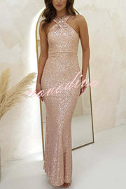 Time To Sparkle Sequin Cross Halter Neck Backless Maxi Dress