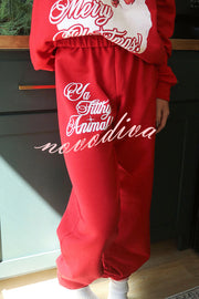 Christmas Santa Print Loose Round Neck Sweatshirt and Elastic Waist Casual Pants Set