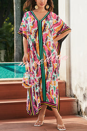 Unique Tie-dye Print V-neck Loose Holiday Cover-up Maxi Dress