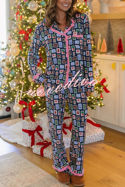 Postcards To Santa Unique Print Ruffles Trim Pocket Shirt and Elastic Waist Pajama Set