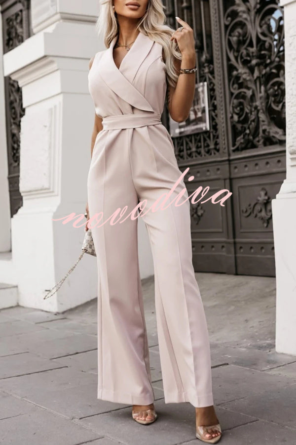 Make Your Entrance Lapel Belt Pocketed Wide Leg Formal Jumpsuit