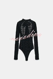 Anna Semi-sheer Lace Long Sleeve Back Bow Tie-up Cutout Stretch Bodysuit