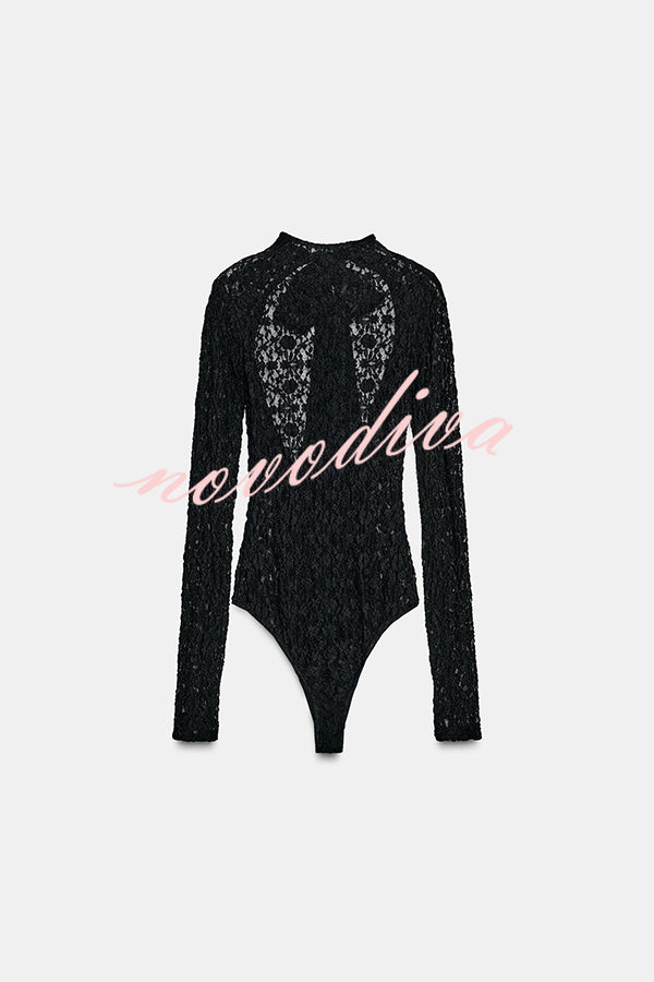 Anna Semi-sheer Lace Long Sleeve Back Bow Tie-up Cutout Stretch Bodysuit