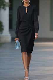Solid Color Hollow Round Neck Long Sleeve Waisted Midi Dress
