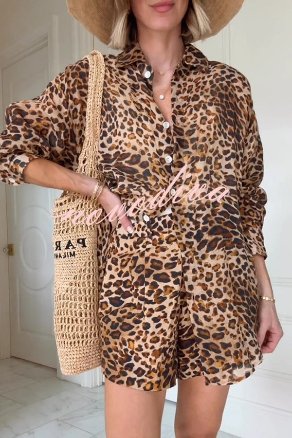 Trisha Linen Blend Leopard Print Long Sleeve Blouse and Elastic Waist Pocket Loose Shorts Set