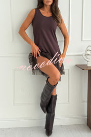Breezy City Tulle Lace Tiered Hem Stretch Tank Mini Dress